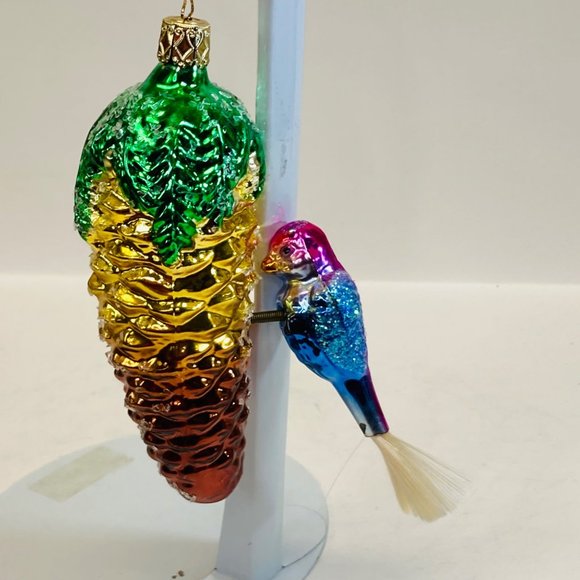 Vintage German Ornament Pinecone with Bird Blown Glass Sugar Glitter as is - Picture 2 of 13